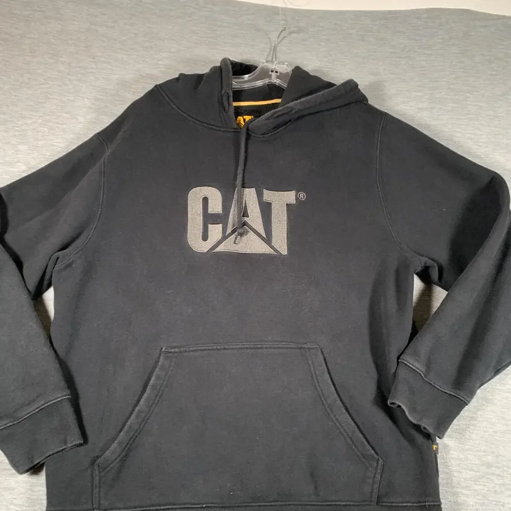CAT Hoodie Mens XL Black Pullover Fleece Kangaroo Pocket Logo Workwear Graphic